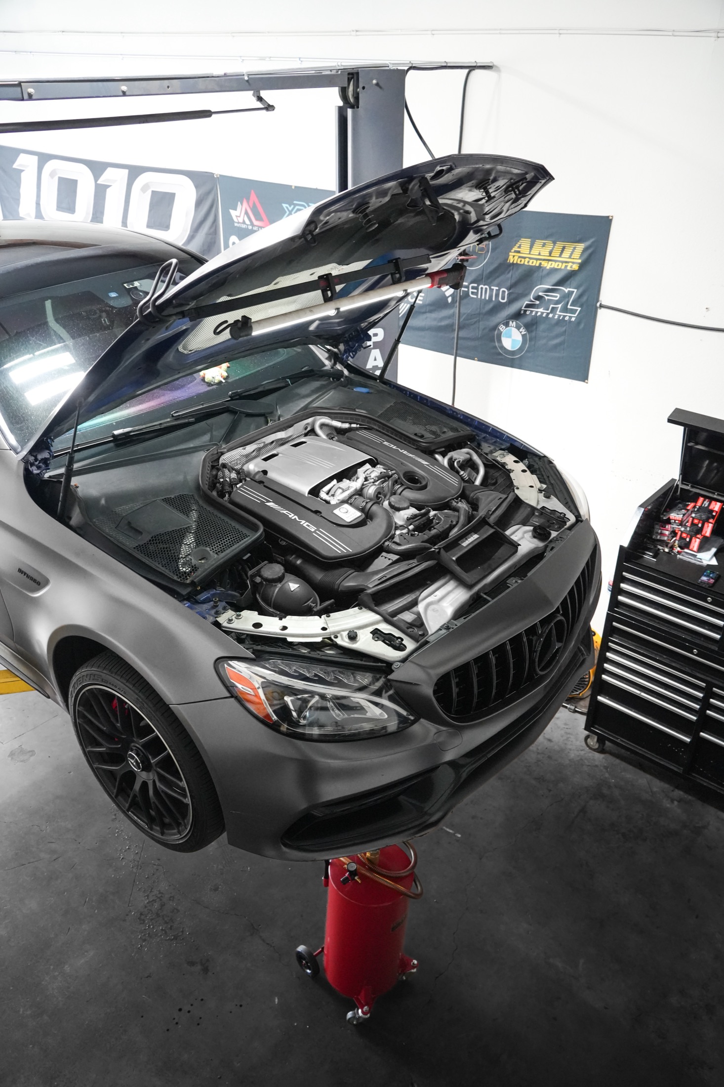Mercedes-AMG C63 engine bay in the shop